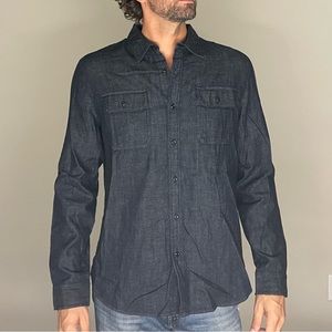 AG Men’s long sleeve work shirt in dark chambray lightweight denim. Size L
